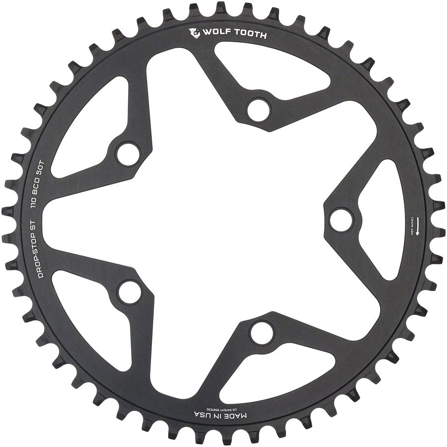 Wolf Tooth 110 BCD Gravel CX Road Chainring - 48t 110 BCD 5-Bolt Drop-Stop ST For Shimano HG+ KMC 12-Speed Chains BLK