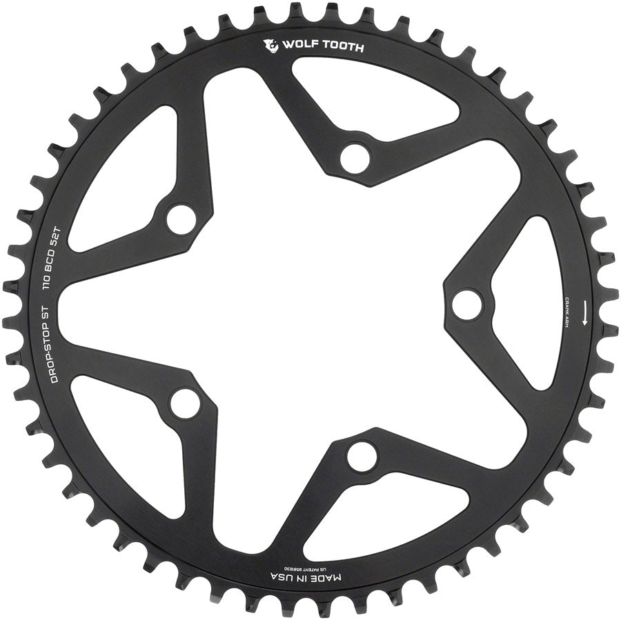 Wolf Tooth 110 BCD Gravel CX Road Chainring - 50t 110 BCD 5-Bolt Drop-Stop ST For Shimano HG+ KMC 12-Speed Chains BLK